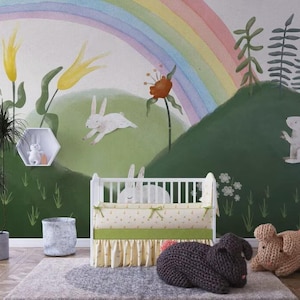 Rainbow Rabbit Wallpaper: Pastel Bunny Wall Mural, Kids Nursery Decor