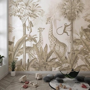 Safari Nursery Wallpaper: Beige Jungle Mural with Giraffe and Monkey