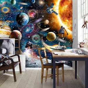 Carta da parati con tema spazio, murale con galassia, decorazione per la cameretta dei bambini con astronauta razzo, arte murale con pianeti del sistema solare, carta da parati con tema spazio