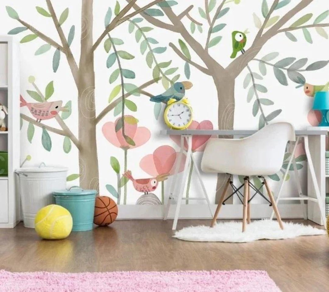 Floral Forest Nursery Wallpaper: Colorful Birds, Woodland Wall Mural ...