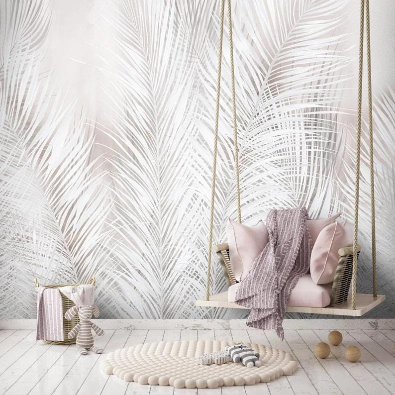 White Palm Leaf Wallpaper: Tropical Feather Peel and Stick Mural - Etsy
