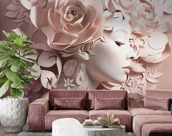Floral Woman 3D Mural Wallpaper, Home Decor