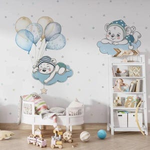 Blue Bear Nursery Wallpaper for Baby Boy Room, Cloud and Balloon Wall Mural, Cute Cartoon Animal Wall Art for Kids Bedroom Decor