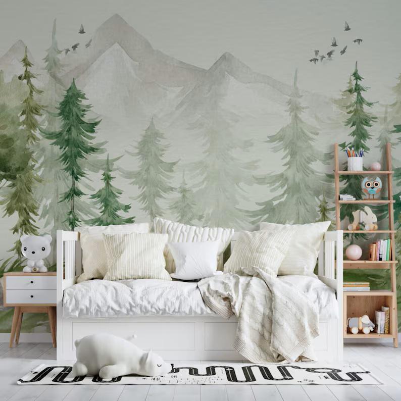 Forest Mountain Nursery Wallpaper: Woodland Tree Wall Mural - Etsy