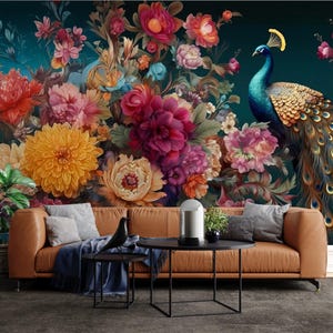 Dark Floral Peacock Wall Mural: Vintage Botanical Wallpaper
