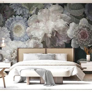 Papier peint floral, papier peint floral pivoine pastel, papier peint autocollant, papier peint sur le thème de grandes fleurs, décoration murale fleurs blanches