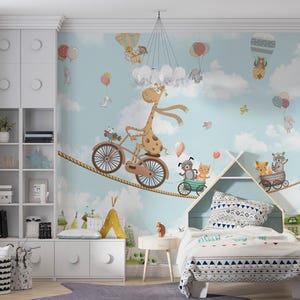 Whimsical Animal Nursery Wallpaper, Giraffe Bicycle Wall Mural, Hot Air Balloon Playroom Decor, Removable Cartoon Sky Wall Art