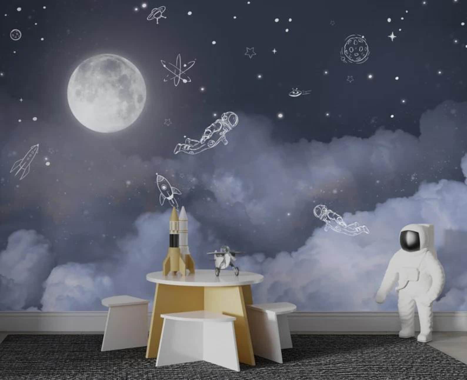 Moon Space Wallpaper for Kids Room, Astronaut Galaxy Mural, Starry Sky
