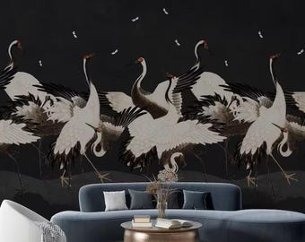 White Stork Wallpaper: Exotic Birds on Black (Peel and Stick)