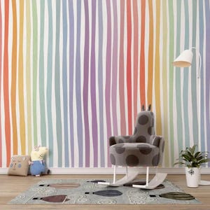 Carta da parati a righe arcobaleno per la cameretta dei bambini, murale con linee ondulate colorate per la cameretta dei bambini, decorazione da parete per la sala giochi, vivace arte arcobaleno