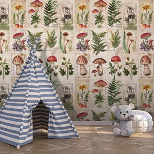 Vintage Pilz Botanische Tapete für Kinderzimmer Kinderzimmer Wald Thema abziehen und aufkleben Natur-Wand-Wandbild Cottagecore-Dekor