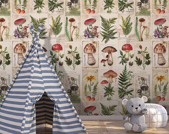 May include: A children's play area featuring a blue and white striped teepee, a gray teddy bear, and a patterned ottoman. The wallpaper has a vintage design with mushrooms, flowers, and ferns.