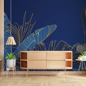 Luxus Blau Gold Tropische Blätter Tapete für Wohnzimmer Büro Wanddekor Modernes botanisches Wandbild Schälen und aufkleben Tapete Kunst Tafel