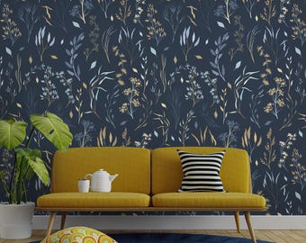 Navy Blue Floral Wallpaper: Botanical Peel and Stick Wall Mural