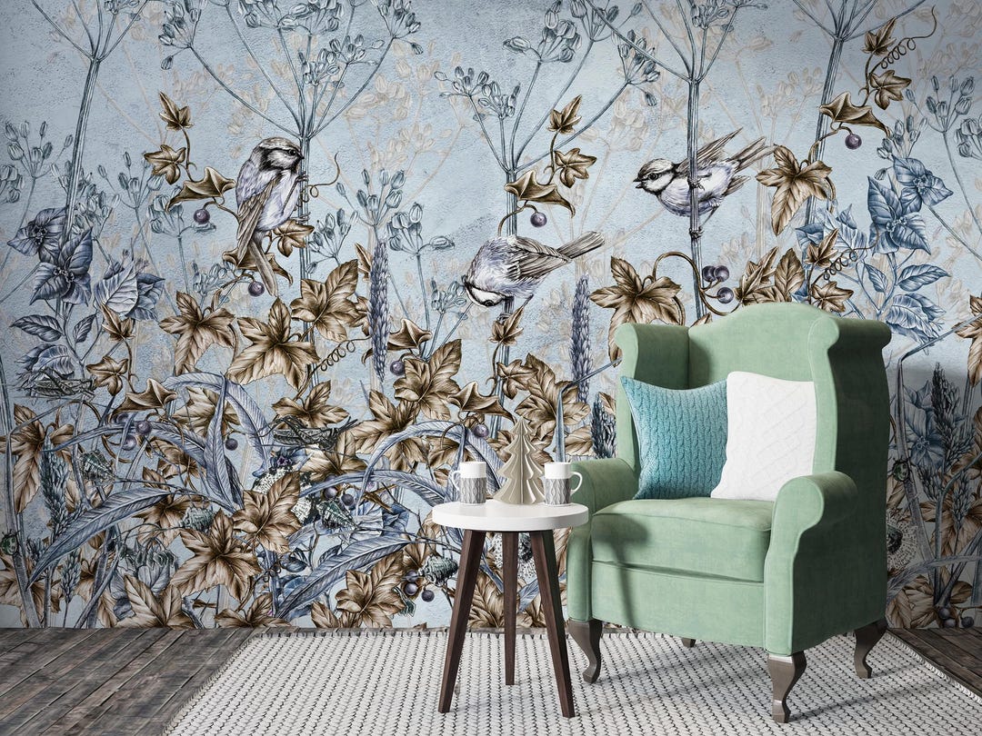 Vintage Bird Floral Wallpaper Mural: Botanical Nursery Wall Art - Etsy