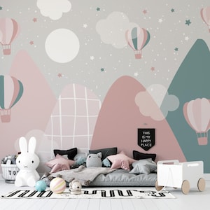 Carta da parati murale con mongolfiera per la cameretta dei bambini – Decorazione murale minimalista con montagne e cielo pastello per la cameretta dei bambini e delle bambine