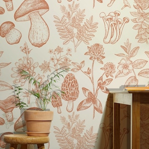 Carta da parati vintage con funghi botanici, murale con piante Cottagecore, carta da parati per cucina, decorazioni per ufficio, arte murale staccabile e adesiva