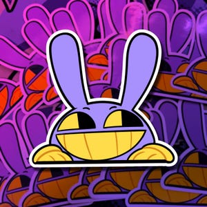 May include: A sticker featuring a cartoon rabbit with a purple body, long ears, and a large yellow grin. The rabbit has black eyes and is outlined in white. The background is filled with similar stickers in shades of purple, orange, and yellow.