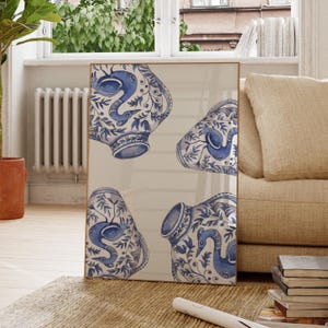 Plakat z motywem kwiatowym Willow Pattern Blue and White, wydruk akwarelowy do wystroju wnętrz, dekoracja ścienna inspirowana stylem vintage, idealny prezent dla miłośników sztuki
