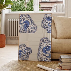 Plakat z motywem kwiatowym Willow Pattern Blue and White, wydruk akwarelowy do wystroju wnętrz, dekoracja ścienna inspirowana stylem vintage, idealny prezent dla miłośników sztuki
