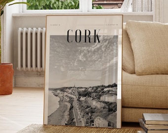 Póster de Cork, Irlanda, en blanco y negro, arte de pared de viaje, decoración vintage, Wanderlust, hogar, oficina