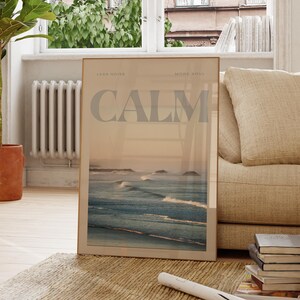 Arte de pared con olas tranquilas o del océano, póster sereno, decoración costera, decoración minimalista del hogar, estética de casa de playa, decoración de habitación tranquila