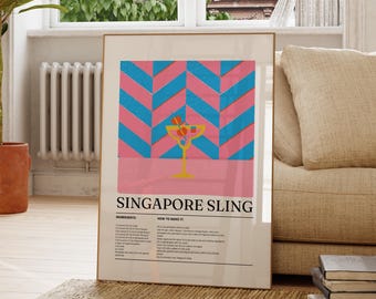 Singapore Sling Cocktail Poster, Klassischer Cocktail Druck, Hausbar Wandkunst, Mixology Decor, Küchendruck, Cocktail Liebhaber Geschenk