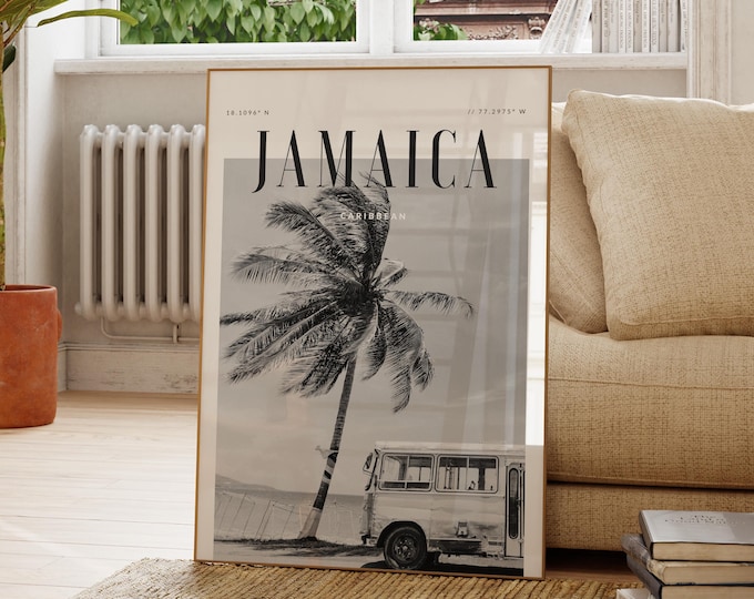 Jamaica Caribbean, Modern Travel Wall Art Design, Black and White Art Print, Wanderlust Decor, Home Office Decor
