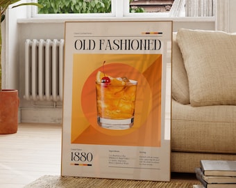 Old Fashioned Cocktail Recipe Poster, Cocktail Wall Art, Classic Drink Decor, Bar Gift, Home Bar Inspiration, Bar Cart Accessories