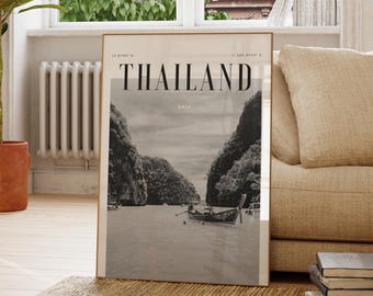 Thailand Asia, Modern Travel Wall Art Design, Black and White Art Print, Wanderlust Decor, Home Office Decor
