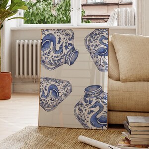 Plakat z motywem kwiatowym Willow Pattern Blue and White, wydruk akwarelowy do wystroju wnętrz, dekoracja ścienna inspirowana stylem vintage, idealny prezent dla miłośników sztuki