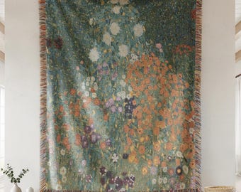 Luxury Boho Klimt's Flowers Inspired Woven Blanket Art Nouveau Botanical Cotton Tapestry Nature Floral Wall Hanging Vintage Cozy home Decor