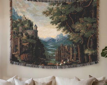 Enchanted Forest Medieval Castle Tapestry Cotton Woven Fringed Blanket Vintage Fantasy Woodland Wall Art