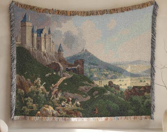 Medieval Castle Cotton Woven Blanket: Fantasy Landscape Tapestry Throw Vintage Home Decor Château Wall Art