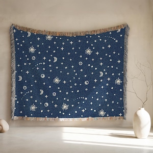 Celestial Woven Throw Blanket Blue Cotton Starry Design
