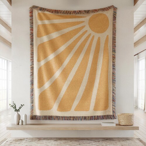 Tapisserie soleil en coton, inspiration Matisse, couverture tissée suspendue au mur Jeté soleillé découpé jaune rose bleu Art mural moderne déco maison