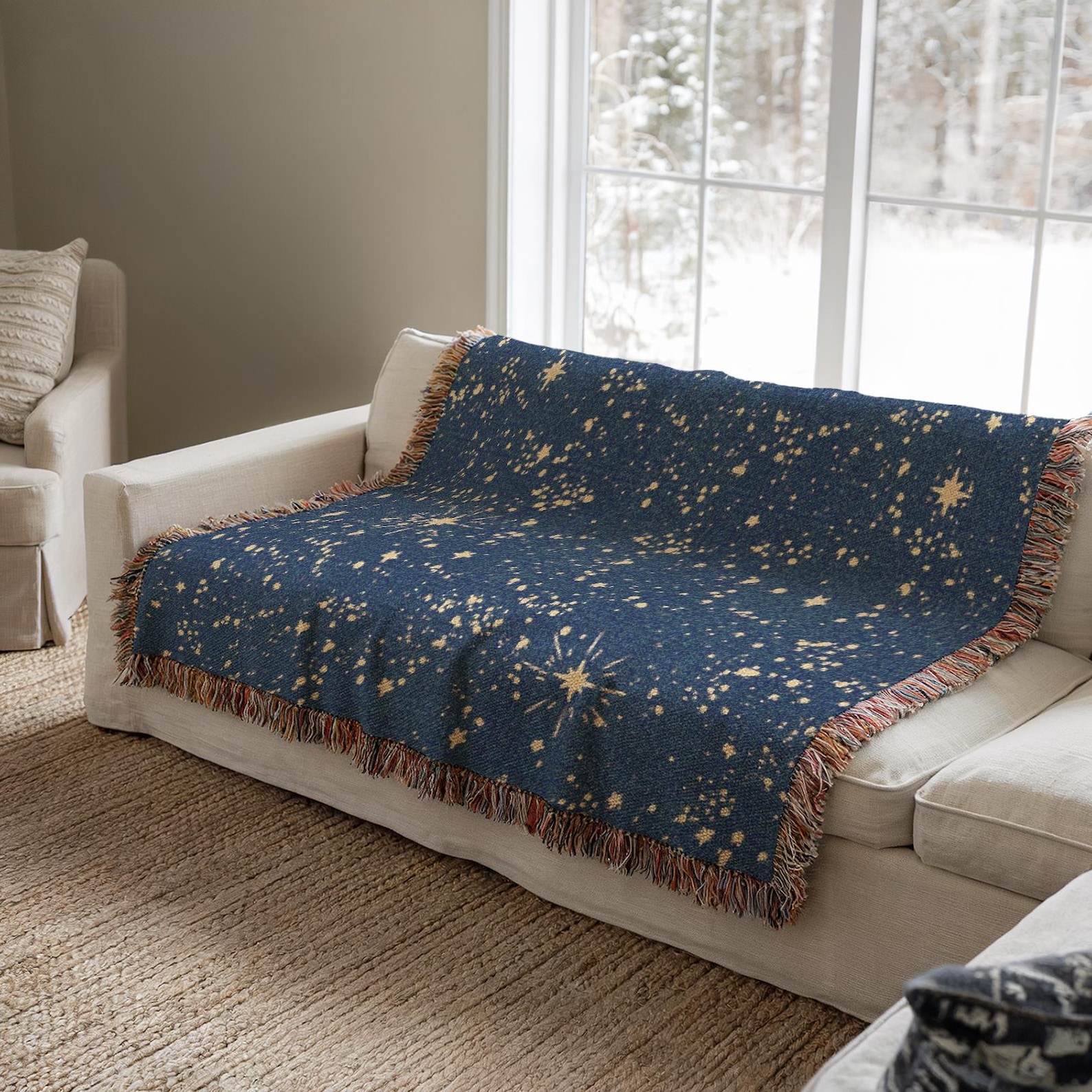 Luxury Boho 100% Cotton Stars blue Tapestry Woven Wall Hanging Celestial Woven blanket Vintage Clear & Blue Starry Aesthetic Cozy home Decor