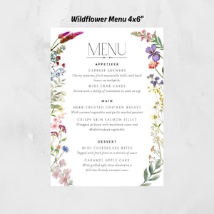 Menú para eventos con flores bohemias, menú para bodas, plantilla de menú con flores silvestres modernas y bohemias, menú para despedidas de soltera en el jardín, menú con flores silvestres para bodas.