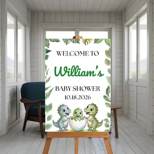 Editable Dinosaur Baby Shower Welcome Sign: Boho Greenery (Digital Download, PDF/JPEG Canva Template)