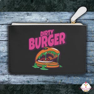 Borsa a tracolla Dirty Burger da donna / Elegante finta pelle vegana / Portafoglio compatto per carte e contanti / Stampa fronte-retro / Tasca interna