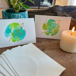Original hand-painted watercolor blank occasion cards/leaves, sympathy notes, gift notes, 6”x4” with envelopes. Set of 5.