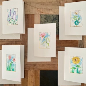 Original hand-painted watercolor blank occasion cards/flowers, sympathy notes, gift notes, 6”x4” with envelopes. Set of 5.