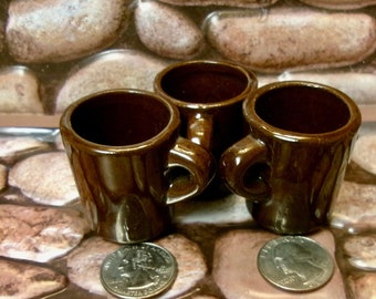 3 Mini Coffee Tea Mugs Vintage Dark Brown Ceramic  Made In Japan Good Condition 1.5 in Tall X 2 in Wide Including Handle