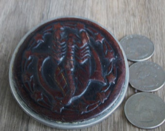 Scorpion Design Belt Buckle Leather On Metal Vintage Brown 2.5 Inches In Diameter