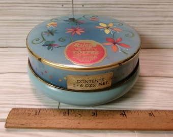 Candy Tin Vintage Rileys Variety toffee Round Empty Some Distressing Floral Blue Yellow Orange Made in Halifax England
