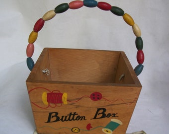 Wooden Button Box Basket With Handle Vintage Light Wear Plz Read Description See Pics For Details