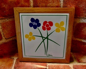 Flowered Trivet Or Wall Hanging Vintage Himark Saltera Ceramic tile Wood Frame Good Condition 7 inches Square 1980s