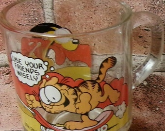 Garfield Odie Glass Mug & Post It Notes Vintage 1978 New Old Stock Read Description See Pics Orange Tabby Cat Use Your Friends Wisely