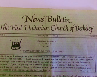 Boletín de 1968 Berkeley 1st Unitarian Church 21 de enero Número 3 Vol 2 tiene desgaste y envejecimiento