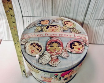 Candy Tin Children From Many Lands Vintage Round Light Wear 3 Inches Tall 4.5 inches Wide Plz See Pics Read Description for Details